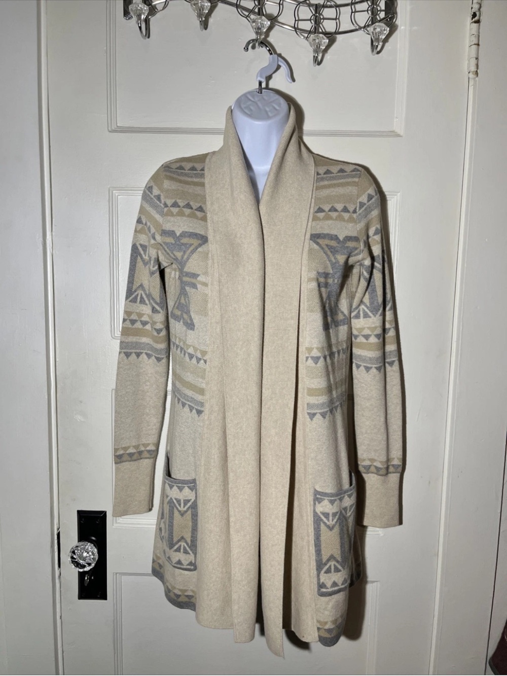 Women’s Cardigan Sweater Size XS Ruby Moon Open Front Tunic Pockets Aztec